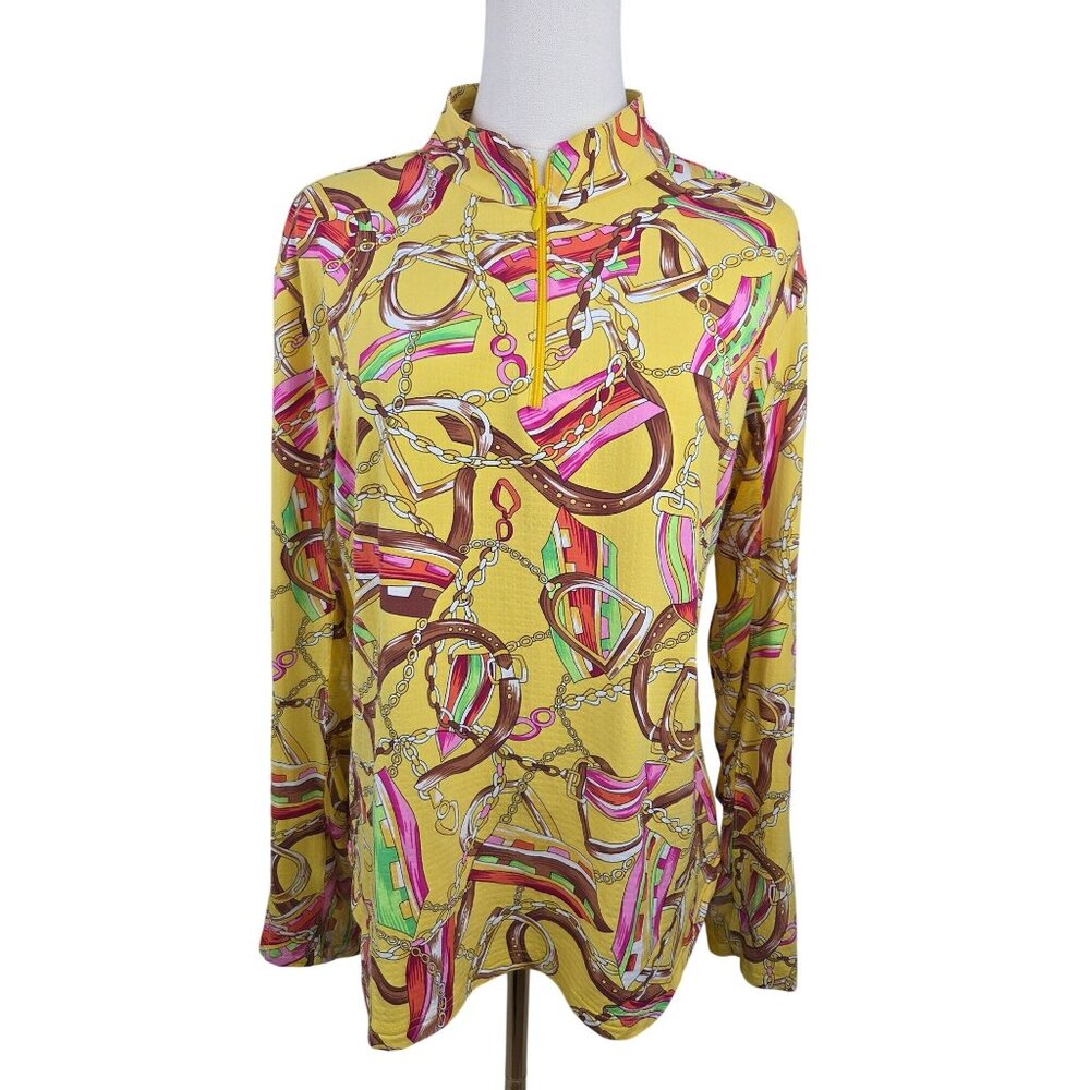 Icikuls 1/4 Zip Top Size L Yellow Equestrian Print Long Sleeve Preppy Golf